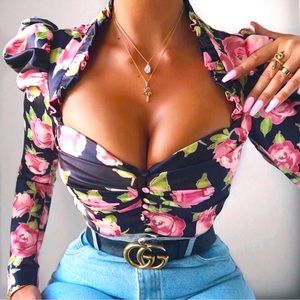 House of CB Floral Pink and Black Top
